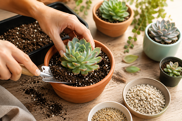 Mãos plantando uma suculenta em vaso de barro com substrato drenante e materiais de cultivo sobre uma bancada de jardinagem.