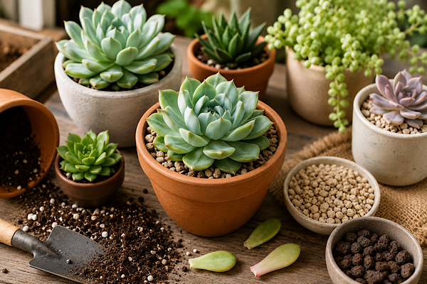 Mesa de jardinagem com suculentas em vasos, substratos minerais e ferramentas de plantio, ilustrando os principais cuidados no cultivo de suculentas.