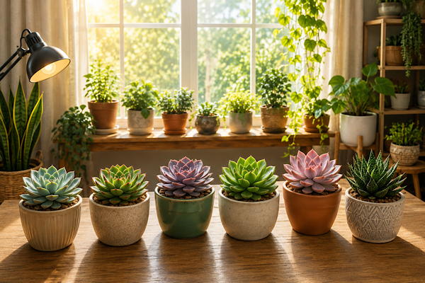 Suculentas em vasos recebendo diferentes níveis de iluminação natural dentro de casa