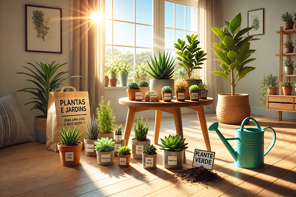 Ambiente interno iluminado com suculentas, cactos e plantas ornamentais decorando uma sala aconchegante com luz natural e elementos de jardinagem.