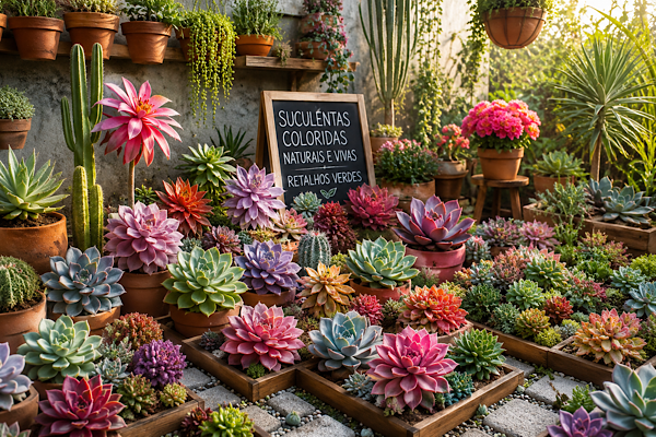 Jardim com suculentas coloridas cultivadas naturalmente em vasos e canteiros, com tons vibrantes em ambiente iluminado e aconchegante.