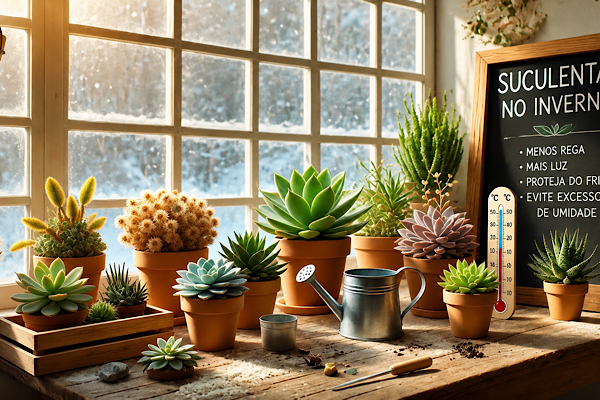 ALT: Suculentas cultivadas no inverno em ambiente iluminado próximo à janela, com dicas de cuidados para épocas frias em quadro decorativo.