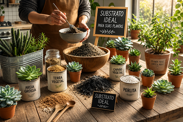 Mistura de substrato ideal para suculentas com areia grossa, perlita e carvão vegetal em bancada de cultivo
