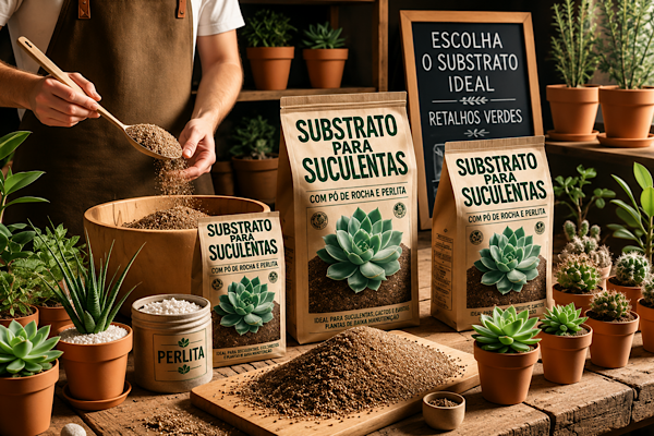 Preparação de substrato para suculentas com perlita, pó de rocha e componentes drenáveis em bancada de cultivo