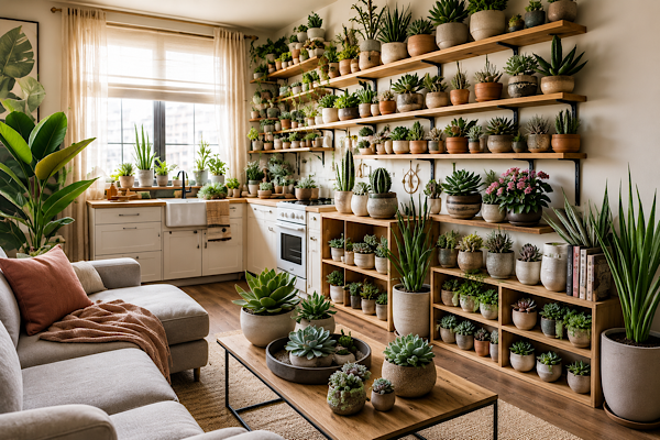 Sala de estar decorada com diversas suculentas em vasos e prateleiras criando um ambiente interno aconchegante e natural.