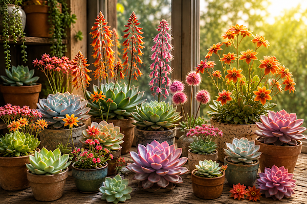 Coleção de suculentas floridas cultivadas em vasos próximos a uma janela iluminada, exibindo flores coloridas e diferentes formas de crescimento.