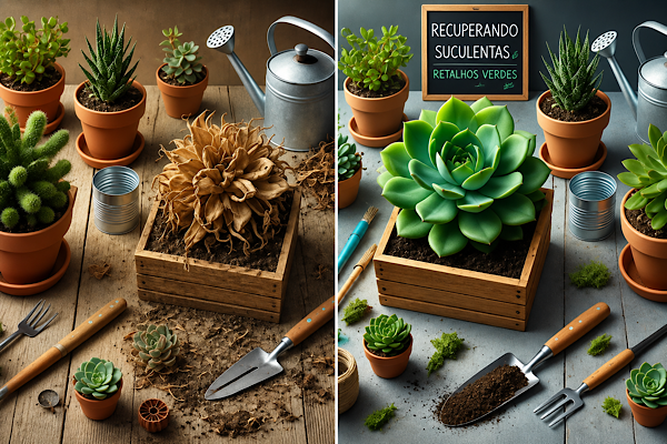 Comparativo entre uma suculenta severamente desidratada e a mesma planta recuperada após receber os cuidados adequados de cultivo.