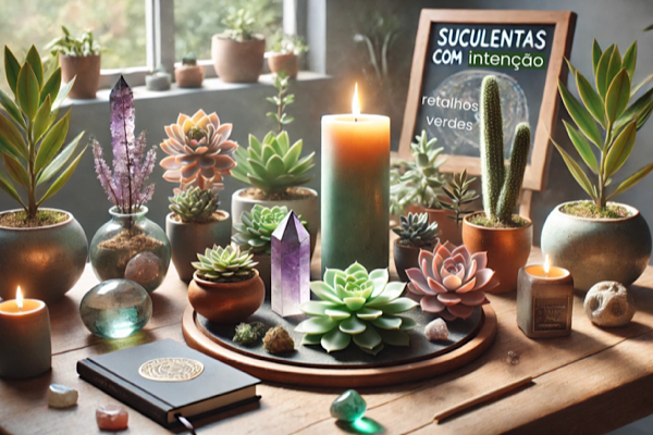 Composição de suculentas e plantas ornamentais em ambiente místico com velas acesas, cristais e elementos de ritual, representando plantas místicas para decoração e bem-estar