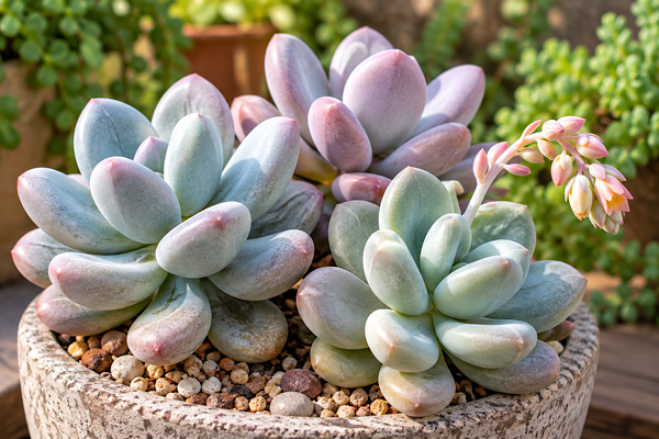 Pachyphytum com folhas carnudas e floração cultivado em vaso