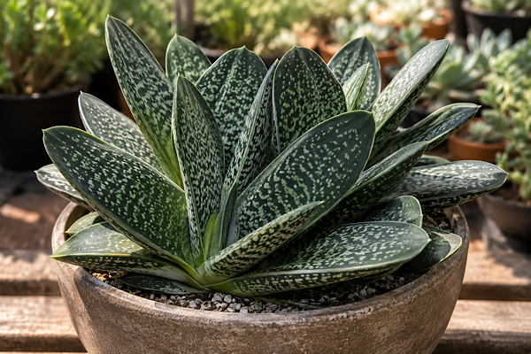 Gasteria em vaso com folhas verdes grossas e manchas claras