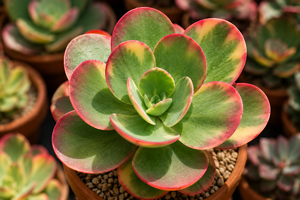 Kalanchoe Fantastic cultivada em vaso de barro, exibindo folhas arredondadas variegadas em tons de verde, creme e bordas rosadas intensificadas pelo estresse solar.