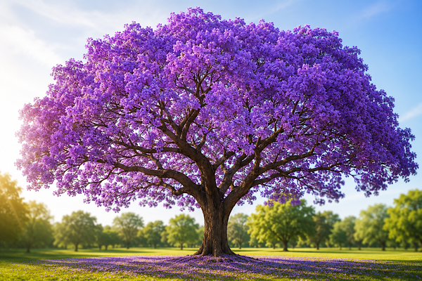 ALT: Árvore kiri japonesa (Paulownia tomentosa) com copa repleta de flores lilases em plena floração.