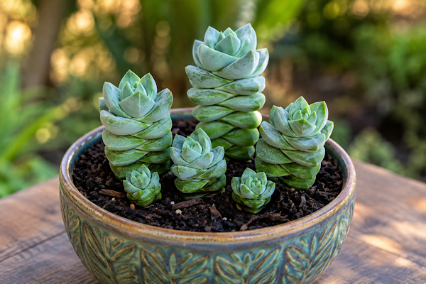 Mudas de suculenta com folhas sobrepostas cultivadas juntas em vaso decorativo.