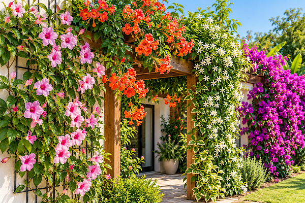 Jardim ensolarado com diferentes tipos de plantas trepadeiras floridas em tons de rosa, laranja, branco e roxo, revestindo muros e um pergolado de madeira.