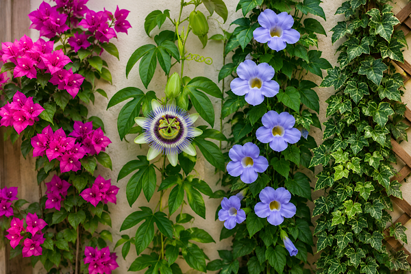 Diferentes tipos de plantas trepadeiras ornamentais cultivadas em painel vertical, incluindo buganvília, maracujá, tumbérgia-azul e hera.