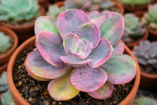Echeveria Goiabinha cultivada em vaso de barro, exibindo folhas espessas em tons suaves de rosa, lilás, verde e creme, formando uma roseta ornamental.