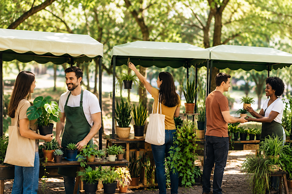 Feira de plantas ao ar livre com expositores repletos de espécies ornamentais, visitantes explorando mudas e ambiente arborizado.