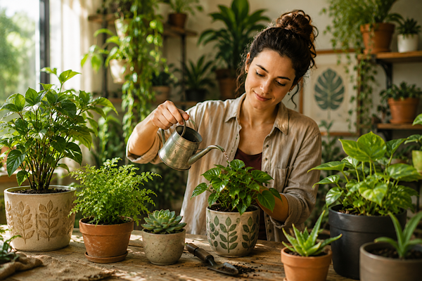 Pessoa cuidando de plantas em ambiente interno com diversos vasos ornamentais e luz natural.