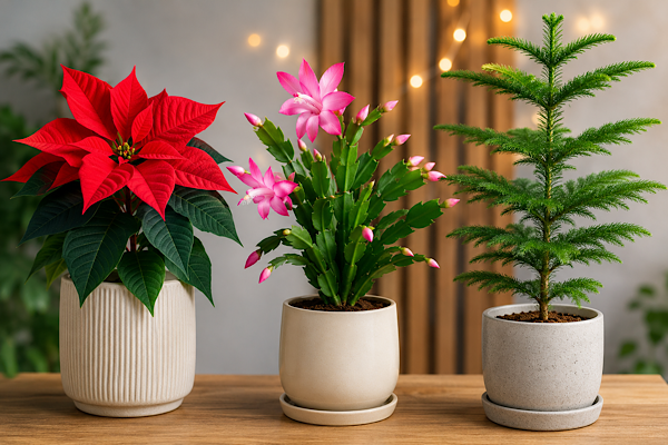 Plantas do Natal com poinsétia, cacto-de-Natal e pinheiro em vasos