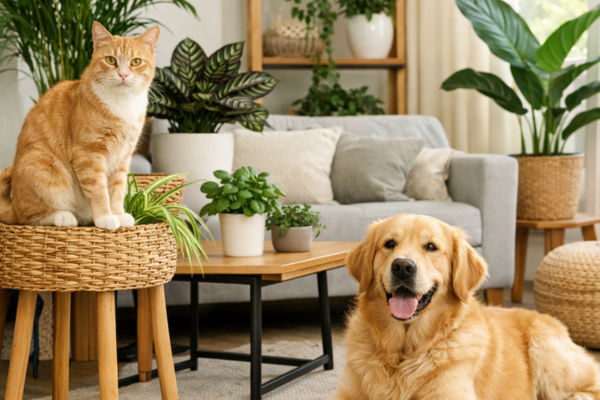 Plantas para dentro de casa em ambiente pet friendly com cachorro e gato, destacando cuidados e segurança no cultivo doméstico.