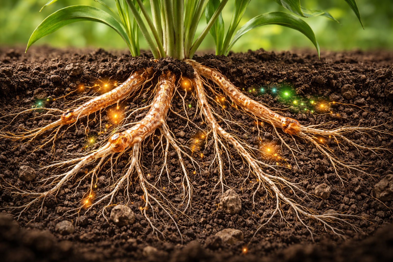 raízes de plantas em simbiose com fungos micorrízicos no solo