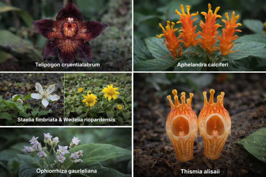 Montagem com cinco fotos em close de plantas recém-descobertas: orquídea escura, flores laranja flamejantes, flor branca pequena, flor amarela rasteira, flores lilás e uma “lanterna de fadas” alaranjada no solo.