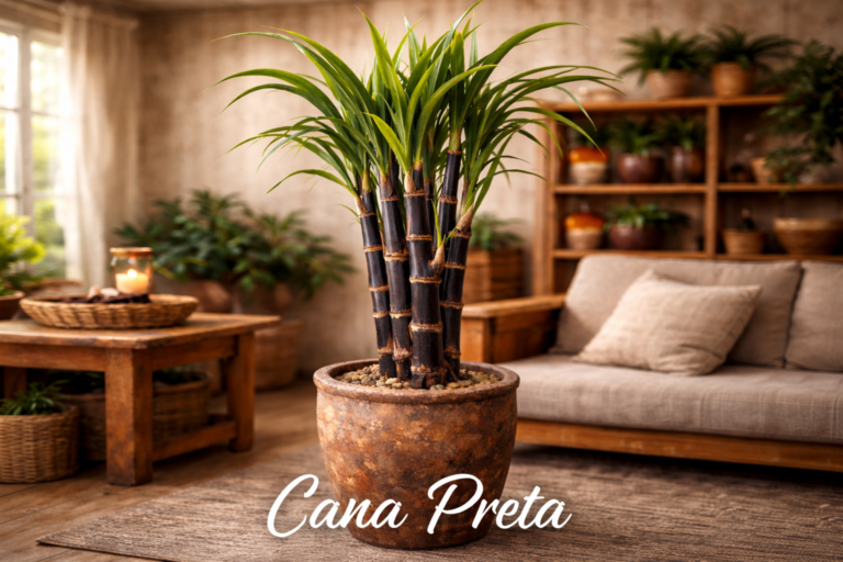 Cana preta em vaso rústico cultivada dentro de casa com tronco escuro e folhas verdes ornamentais