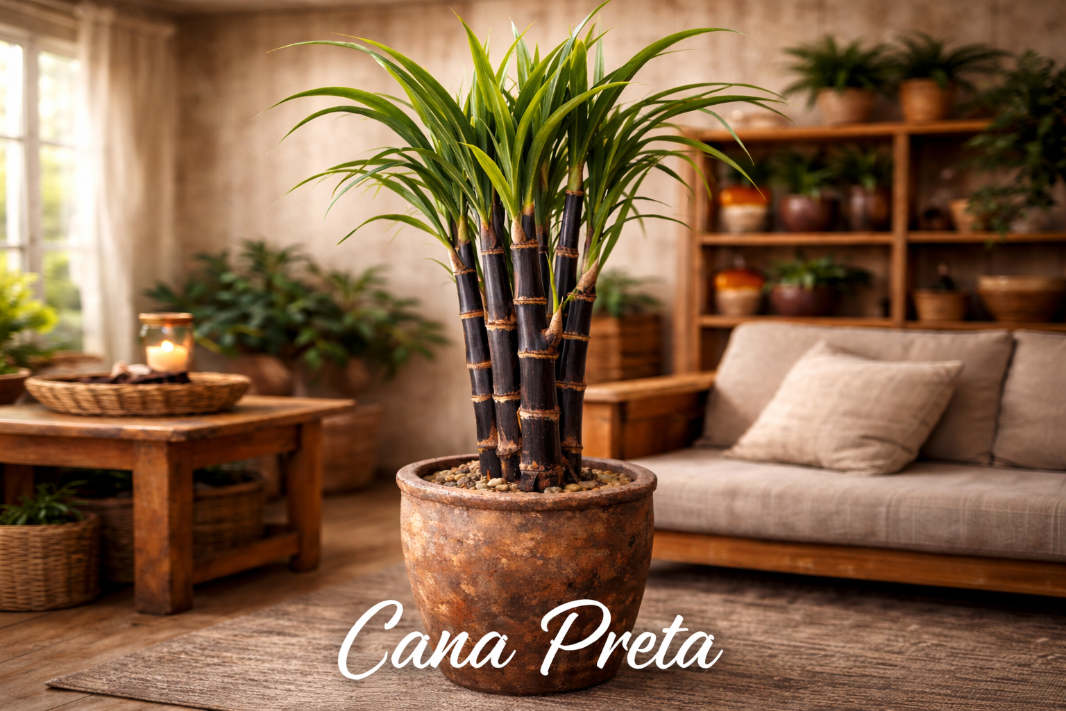 Cana preta em vaso rústico cultivada dentro de casa com tronco escuro e folhas verdes ornamentais