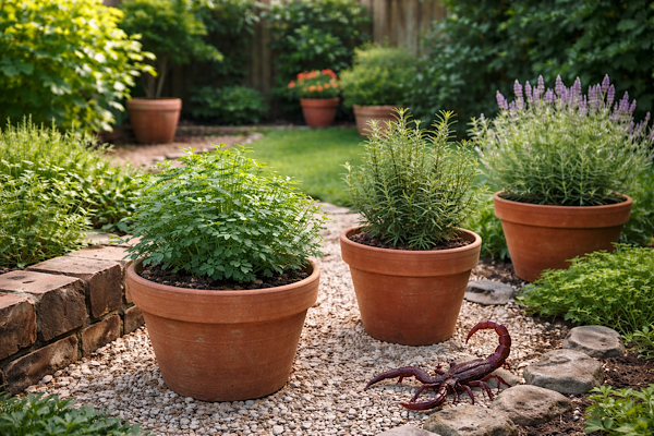 Jardim residencial organizado com plantas populares como arruda e alecrim, usado para ilustrar mitos e verdades sobre plantas que afastam escorpiões.