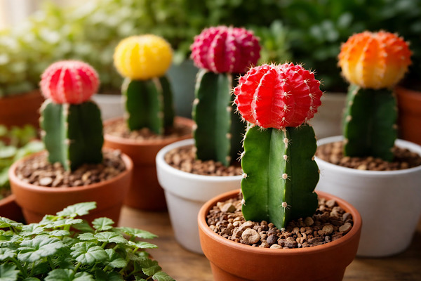 cactos enxertados coloridos cultivados em vasos no ambiente doméstico