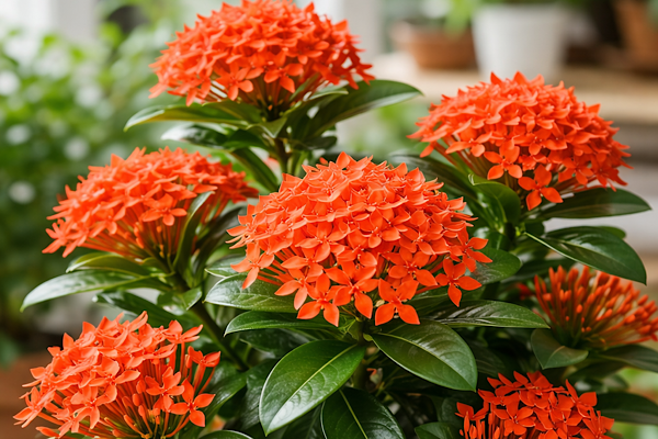plantas dentro de casa com ixora em destaque e flores tropicais