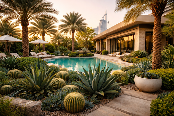 jardim de luxo em Dubai com plantas resistentes ao calor extremo