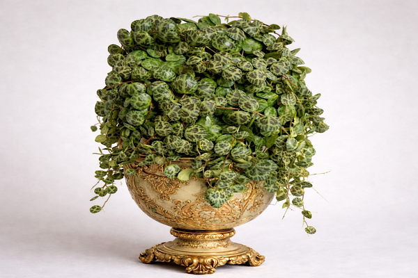 Planta colar-de-tartaruga (Peperomia prostrata) cultivada em vaso decorativo dentro de casa