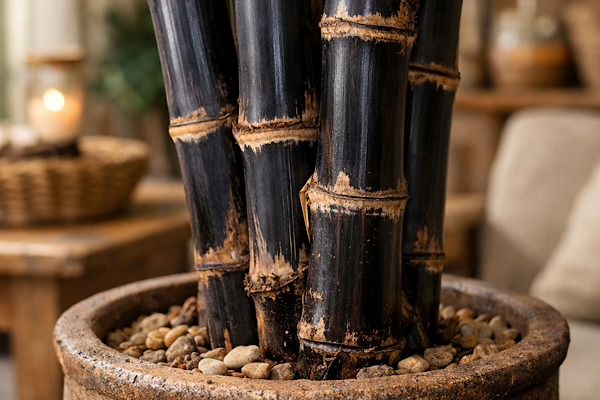Tronco escuro e segmentado da cana preta, com textura natural e visual ornamental marcante.