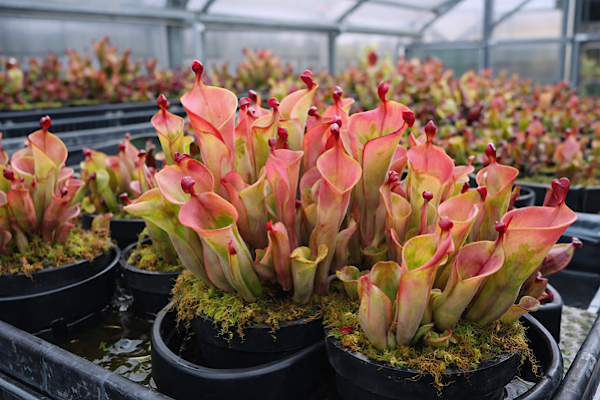 Heliamphora ‘Flamingo’ em estufa, planta carnívora de jarros rosados cultivada sob condições controladas
