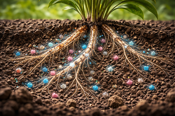 microplásticos no solo próximos às raízes de uma planta