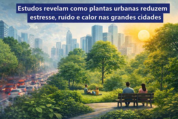Área verde urbana com árvores e vegetação densa reduzindo estresse, ruído do trânsito e ilhas de calor em grandes cidades