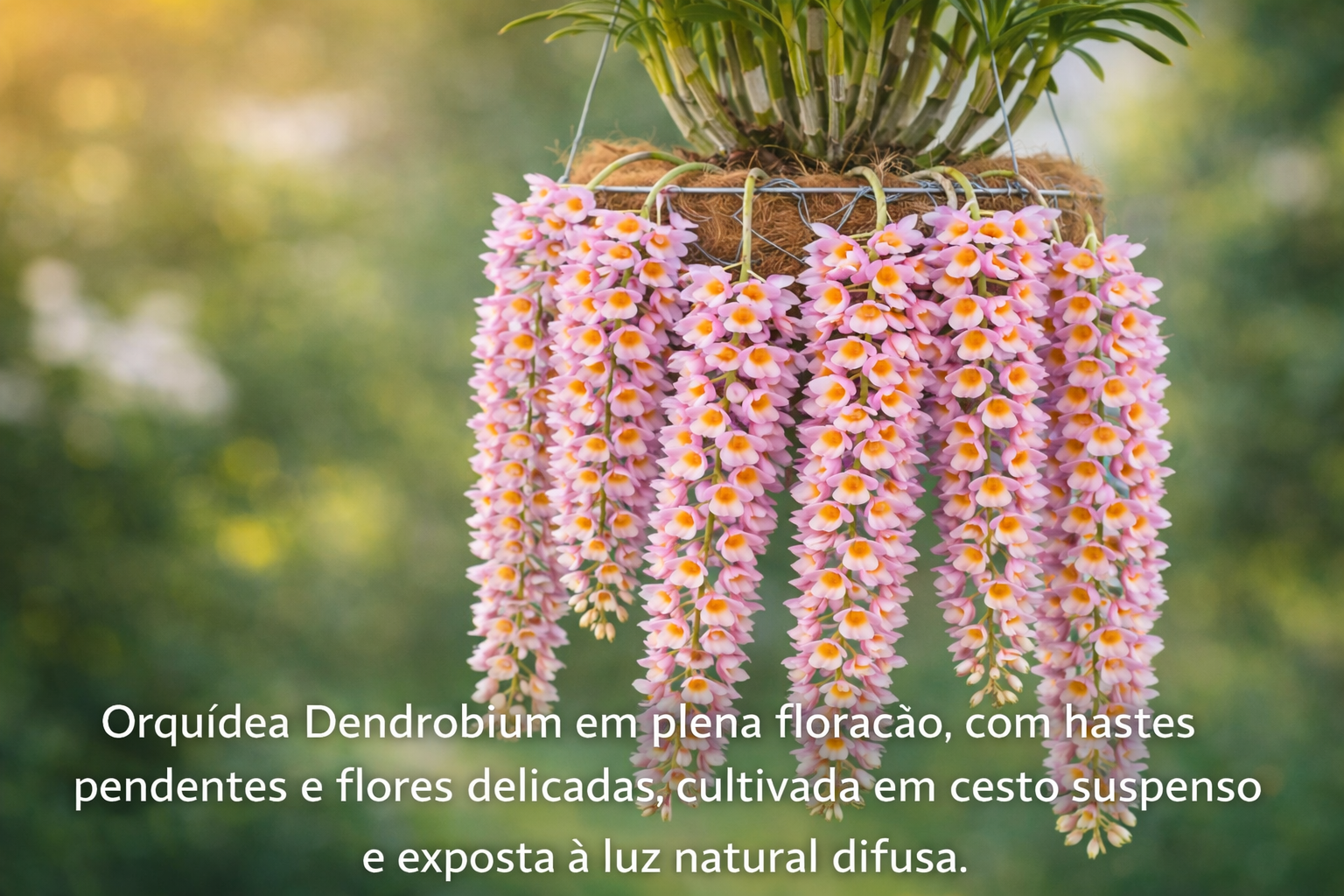 Orquídea dendrobium cultivada em cesto suspenso com flores pendentes em tons rosados e centro amarelado