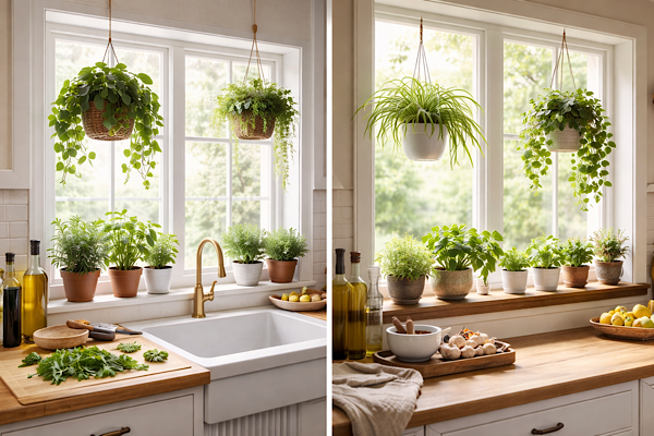 plantas em vasos próximos à janela da cozinha com luz natural