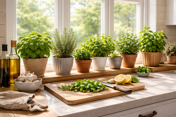 vasos com plantas sobre bancada de cozinha ensolarada