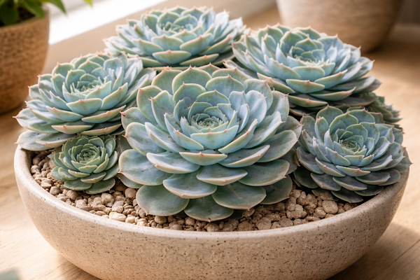 Arranjo Echeveria glauca em vaso baixo dentro de casa, perto da janela