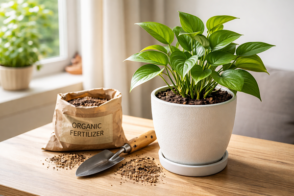 Planta de interior em vaso branco ao lado de adubo orgânico e pá de jardinagem, perto de uma janela com luz natural