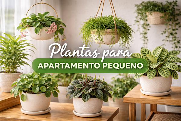 Composição de plantas para apartamento pequeno em sala iluminada com vasos e plantas pendentes, capa do artigo Plantas para apartamento pequeno