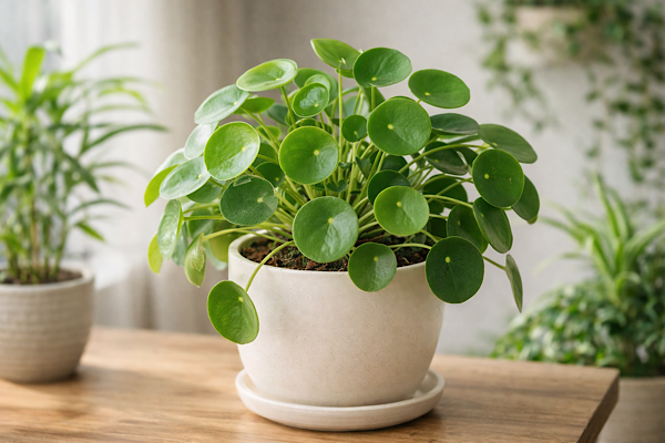Pilea peperomioides em vaso claro sobre aparador em apartamento pequeno