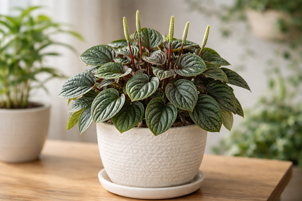 Peperomia caperata com folhas texturizadas cultivada em vaso compacto