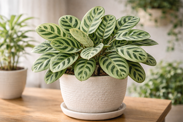 Ctenanthe burle marxii em vaso branco ideal para apartamento pequeno iluminado