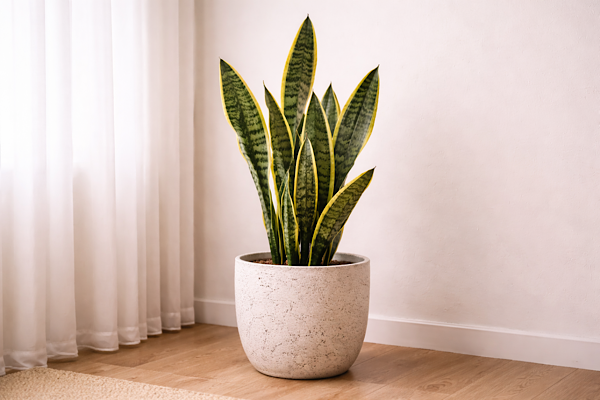 Espada-de-São-Jorge cultivada em vaso neutro posicionada em quarto com luz indireta