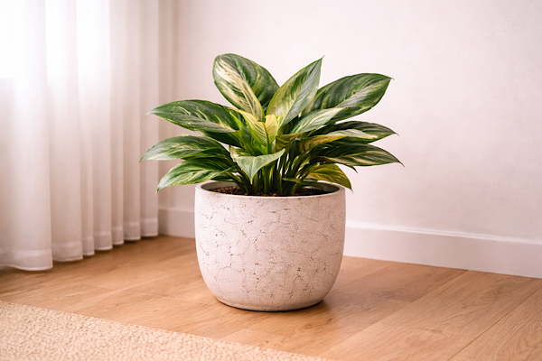 Aglaonema de folhas verde e prateadas cultivada em vaso claro em ambiente de quarto