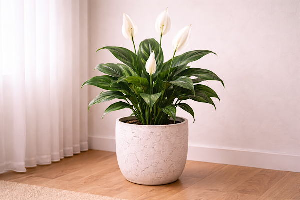 Spathiphyllum wallisii com flores brancas cultivado em vaso claro em ambiente interno
