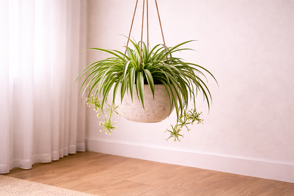Clorophytum comosum suspenso com folhas arqueadas em ambiente de quarto iluminado